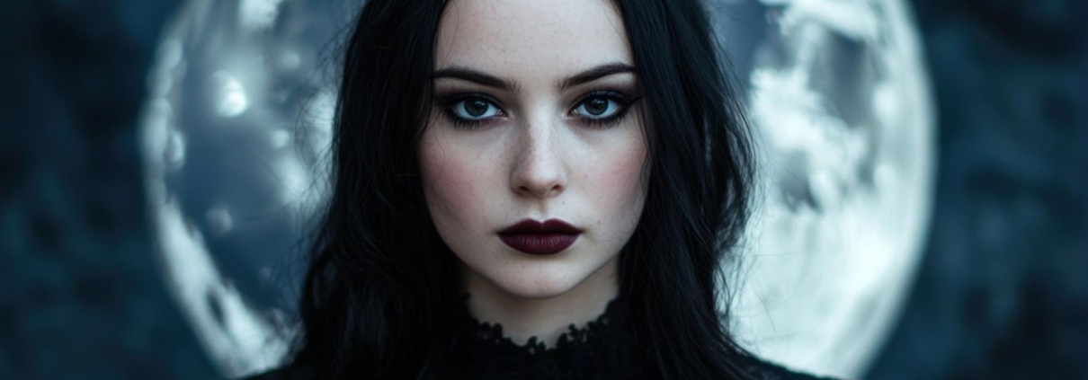 Lilith im Schützen 2025 - Frau mit dunklen Haaren vor Vollmond symbolisiert ungezähmte weibliche Kraft in den Rauhnächten