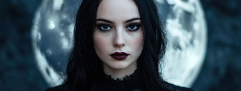 Lilith im Schützen 2025 - Frau mit dunklen Haaren vor Vollmond symbolisiert ungezähmte weibliche Kraft in den Rauhnächten