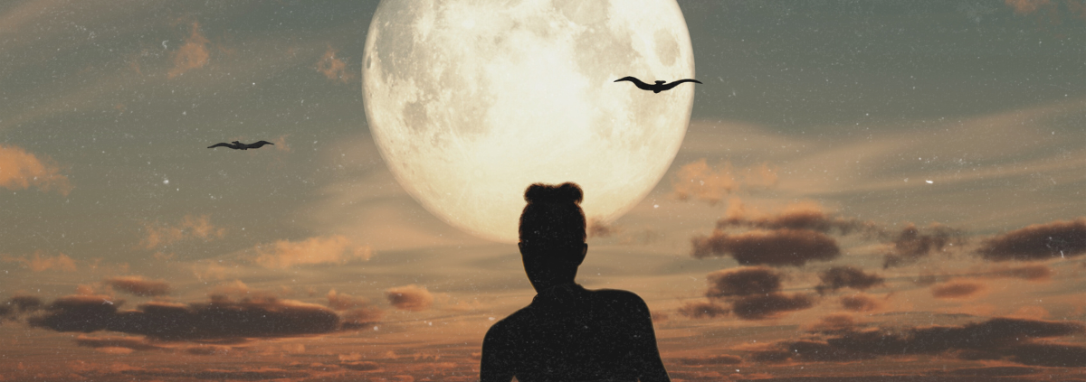 Vollmond Krebs 2026: Frau in Silhouette vor riesigem Vollmond über dem Wasser, Vögel am Himmel - Wolf-Mond am 3. Januar