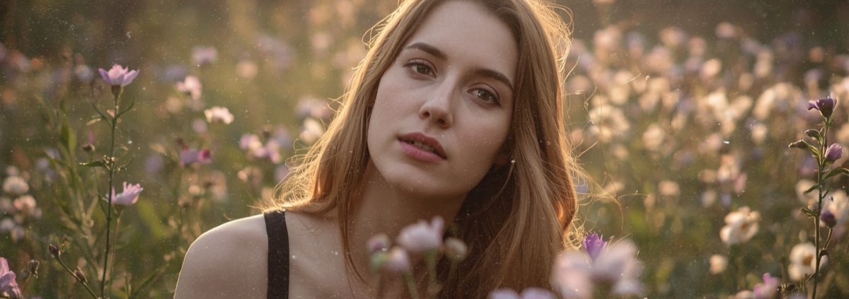 Pfingsten spirituelle Bedeutung: Frau in Blumenwiese im goldenen Licht
