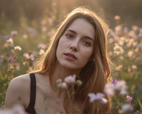 Pfingsten spirituelle Bedeutung: Frau in Blumenwiese im goldenen Licht
