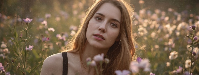 Pfingsten spirituelle Bedeutung: Frau in Blumenwiese im goldenen Licht