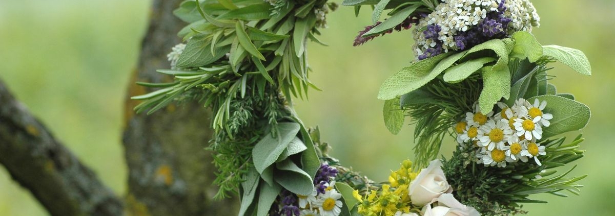 Erledigt. Das Bild steht jetzt gleich unter der Überschrift, mit dem Alt-Text "Kräuterkranz aus Salbei, Lavendel und Rosen zum Hohen Frauentag am Baum