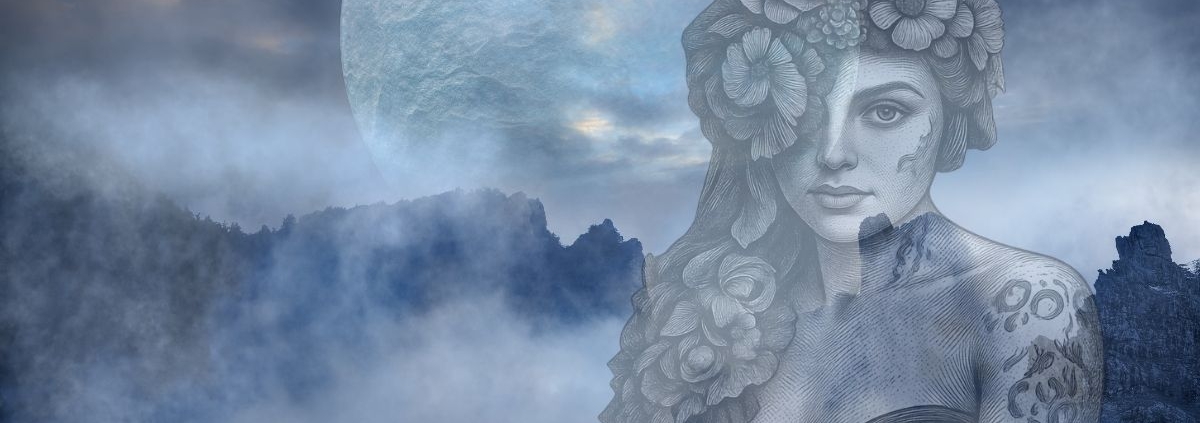Lilith im Steinbock 2026 – Frau mit Blumenkranz vor Mond und nebelverhangenen Berggipfeln symbolisiert weibliche Autorität und ungezähmte Kraft