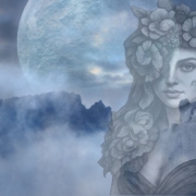 Lilith im Steinbock 2026 – Frau mit Blumenkranz vor Mond und nebelverhangenen Berggipfeln symbolisiert weibliche Autorität und ungezähmte Kraft