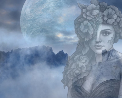 Lilith im Steinbock 2026 – Frau mit Blumenkranz vor Mond und nebelverhangenen Berggipfeln symbolisiert weibliche Autorität und ungezähmte Kraft