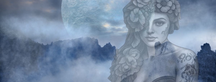 Lilith im Steinbock 2026 – Frau mit Blumenkranz vor Mond und nebelverhangenen Berggipfeln symbolisiert weibliche Autorität und ungezähmte Kraft